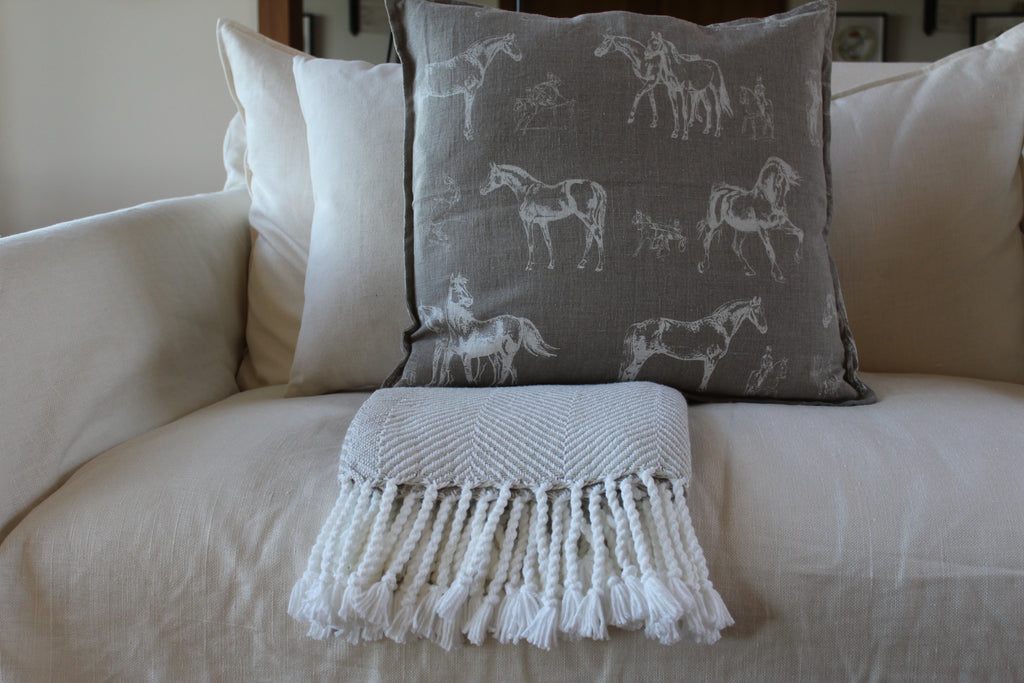 Pillow Natural Soft Washed Linen with White Horses Print 16 x 16  Pillows - PasParTou