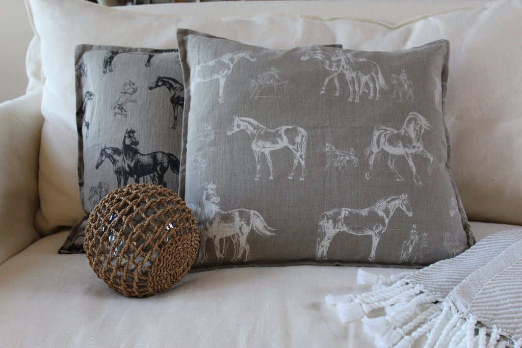 Pillow Natural Soft Washed Linen with White Horses Print 20 x 20  Pillows - PasParTou
