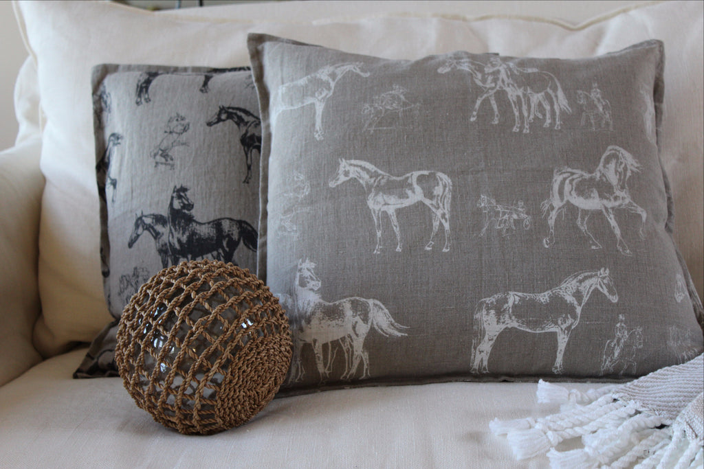 Pillow Natural Soft Washed Linen with Black Horses Print 16 x 16  Pillows - PasParTou