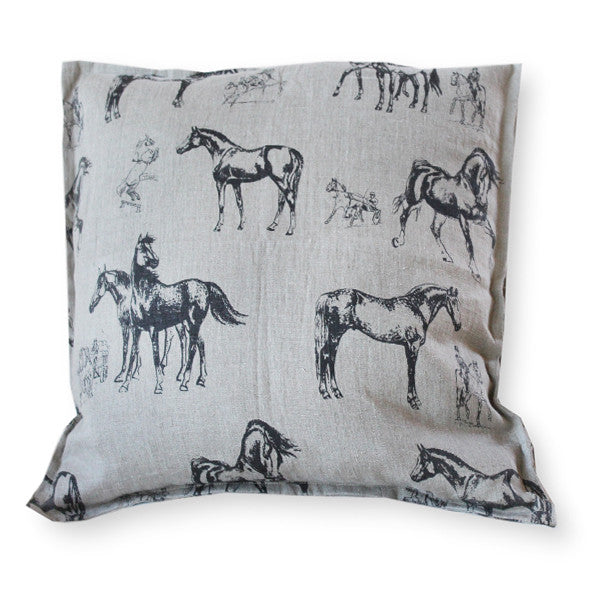 Pillow Natural Soft Washed Linen with Black Horses Print 16 x 16  Pillows - PasParTou