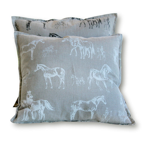 Pillow Natural Soft Washed Linen with White Horses Print 16 x 16  Pillows - PasParTou