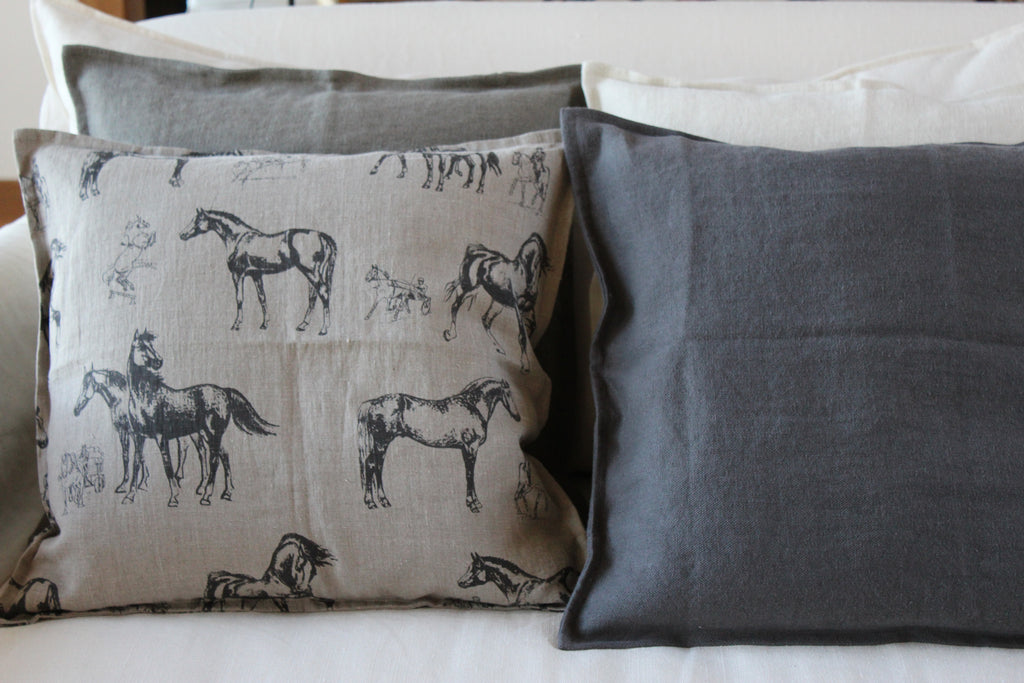 Pillow Natural Soft Washed Linen with Black Horses Print 16 x 16  Pillows - PasParTou