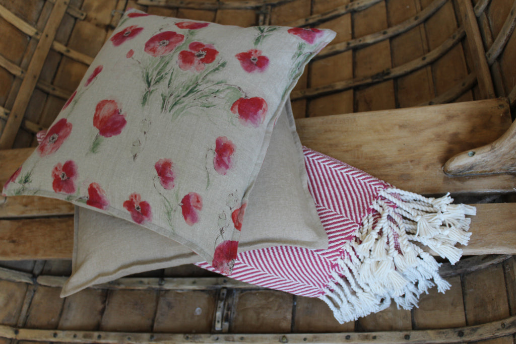 Pillow Off White Soft Washed Linen with Poppy Print 20 x 20  Pillows - PasParTou