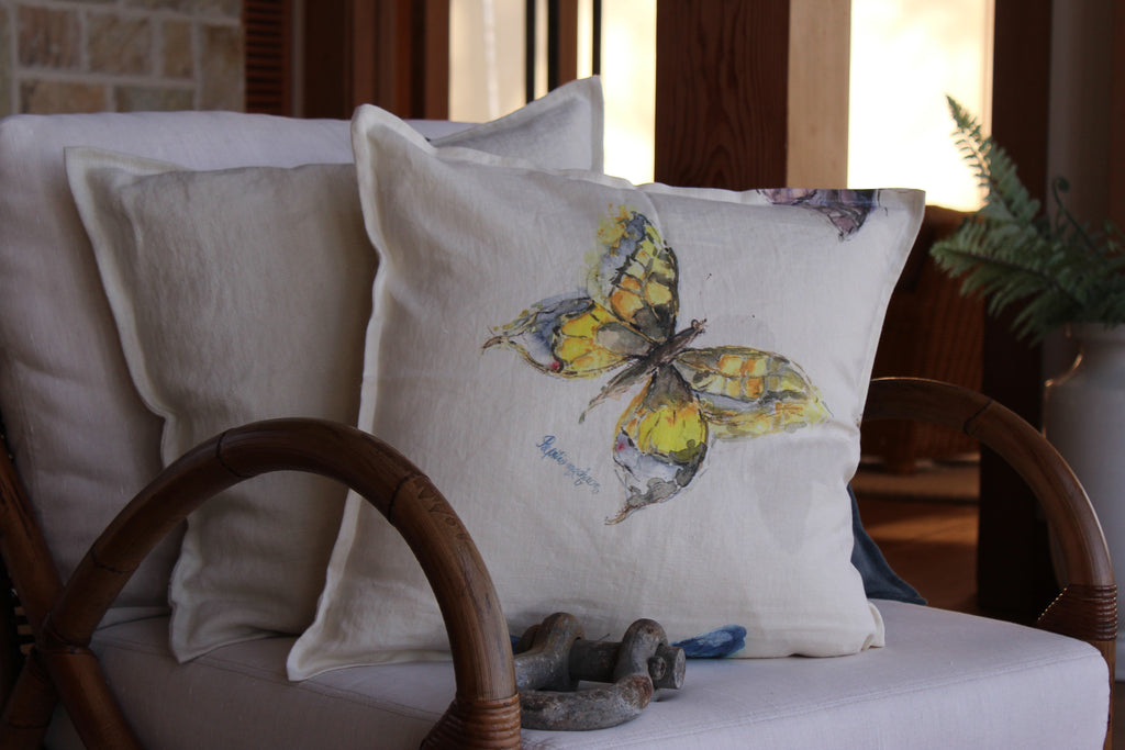 Pillow Off White Soft Washed Linen with Butterfly Print 20 x 20  Pillows - PasParTou