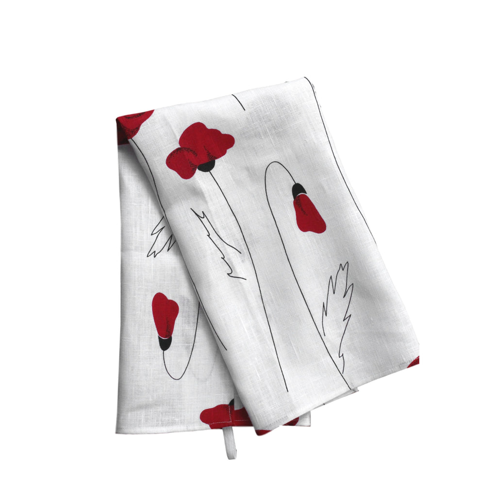 Teatowel White Linen with Poppies  Teatowel - PasParTou