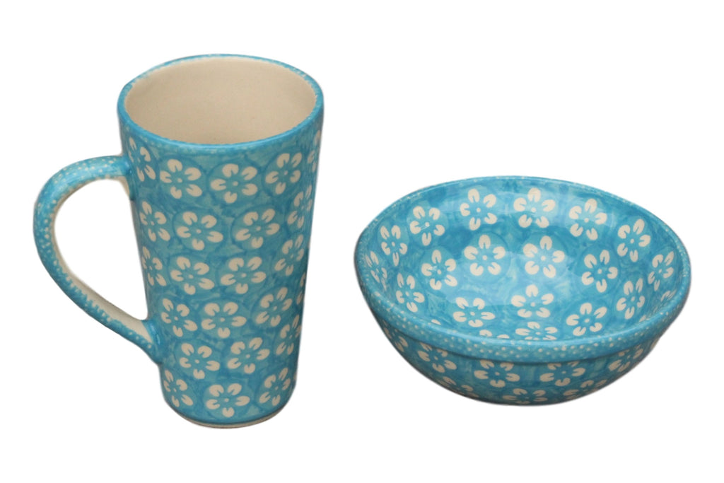 Teal Flowers - Tall Mug  Polish Ceramics - PasParTou