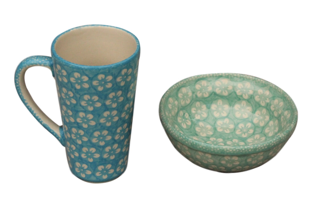 Teal Flowers - Tall Mug  Polish Ceramics - PasParTou