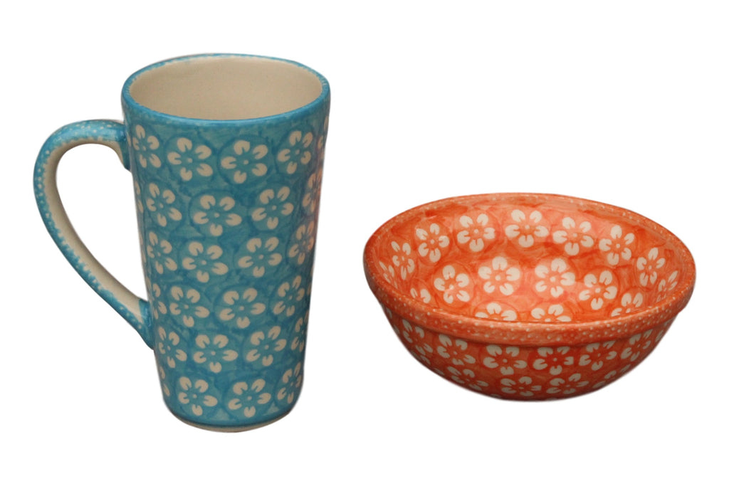 Teal Flowers - Tall Mug  Polish Ceramics - PasParTou