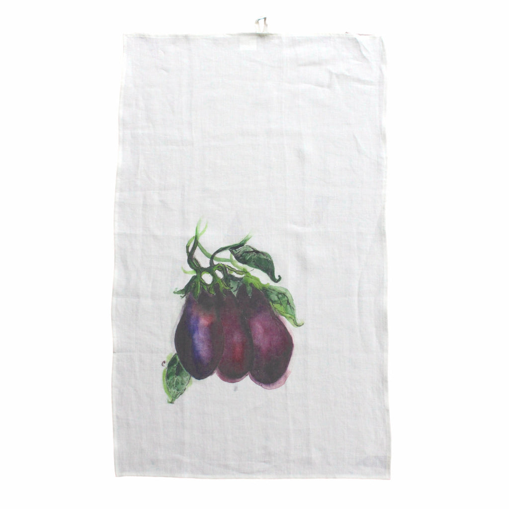 Teatowel Off White Soft Washed Linen with Eggplant Print  Teatowel - PasParTou