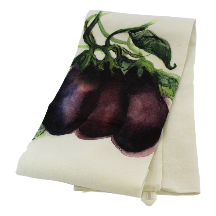 Teatowel Off White Soft Washed Linen with Eggplant Print  Teatowel - PasParTou