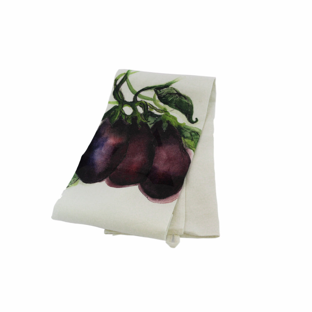 Teatowel Off White Soft Washed Linen with Eggplant Print  Teatowel - PasParTou